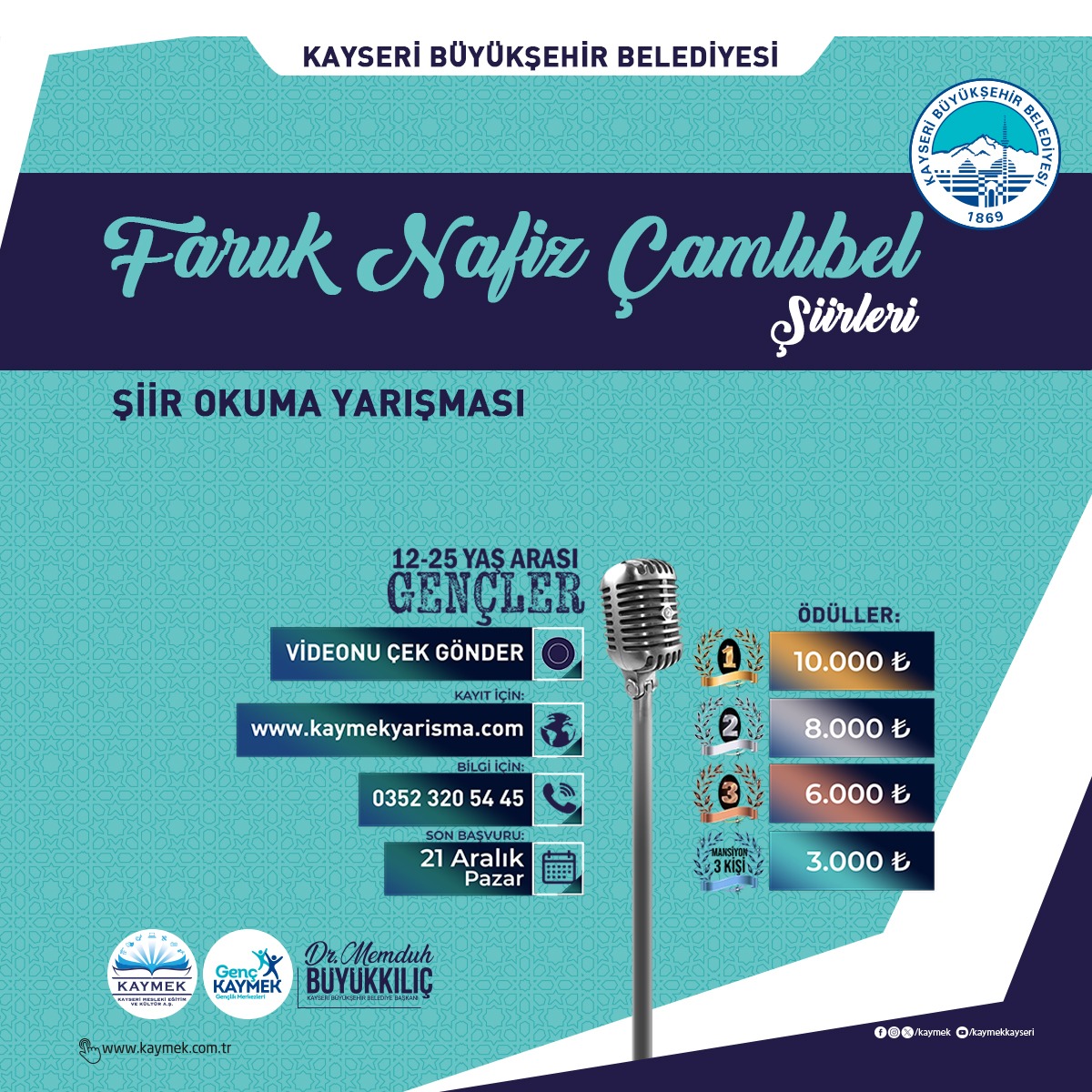 BÜYÜKŞEHİR’DEN, FARUK NAFİZ ÇAMLIBEL ŞİİRLERİ İLE ÖDÜLLÜ ŞİİR OKUMA YARIŞMASI