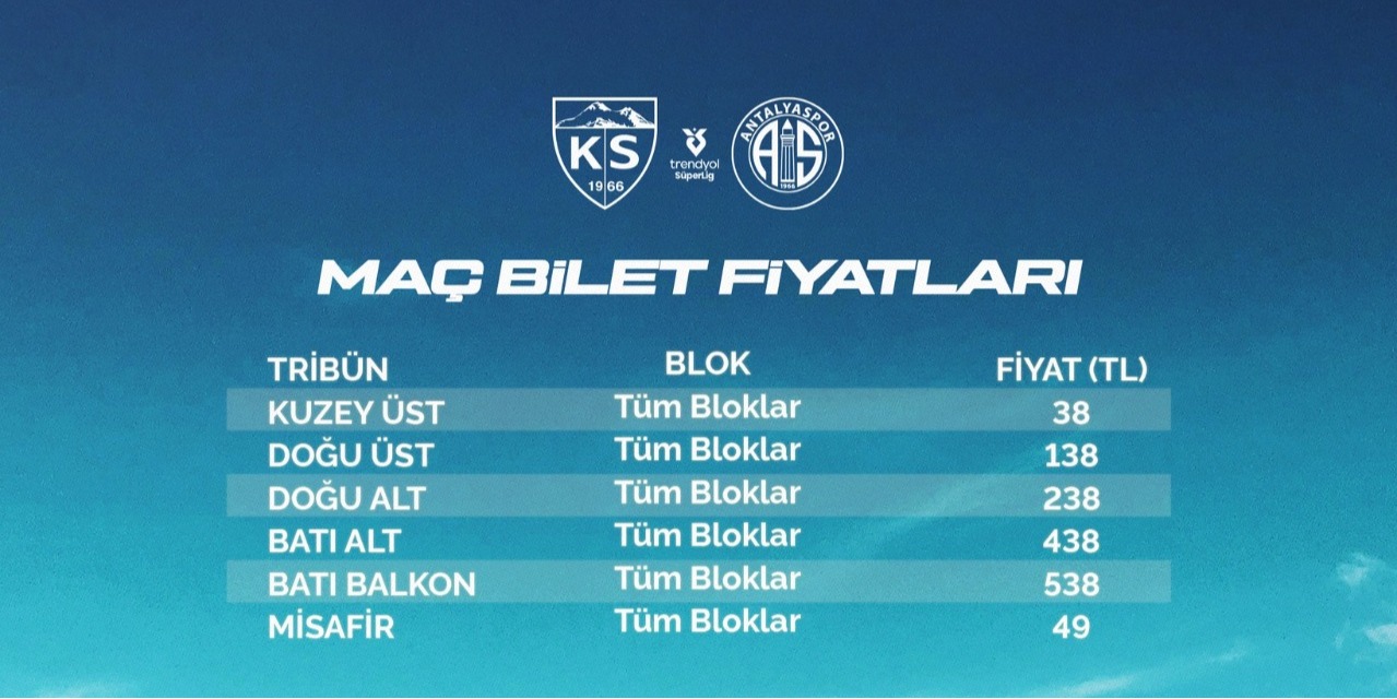 Kayserispor, Antalyaspor maçının bilet fiyatları açıklandı