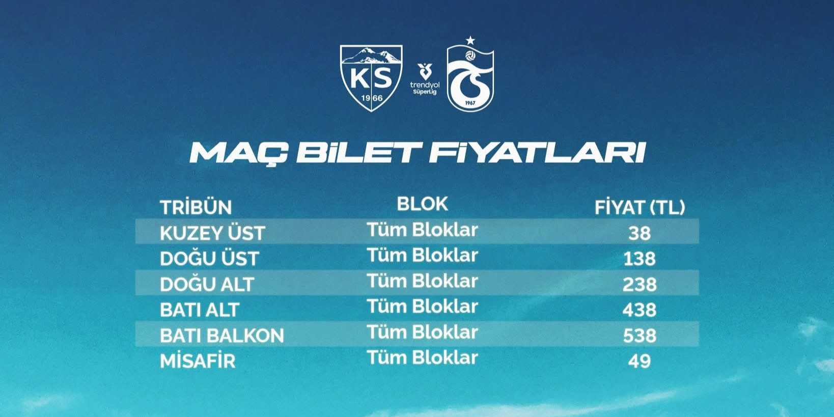 Kayserispor, Trabsonspor maçı bilet fiyatlarını açıkladı