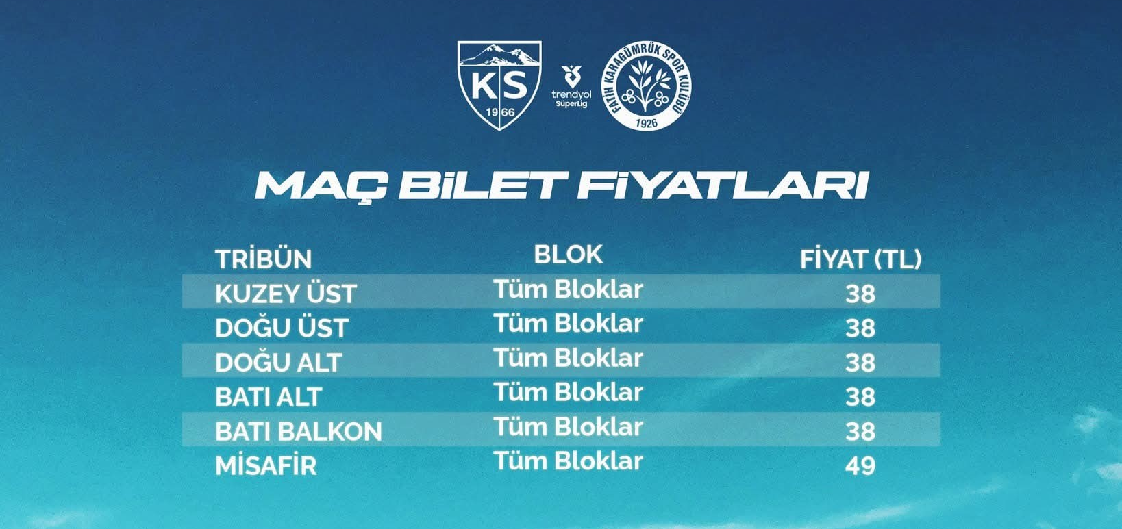 Kayserispor'da Fatih Karagümrük maçının bilet fiyatları belli oldu